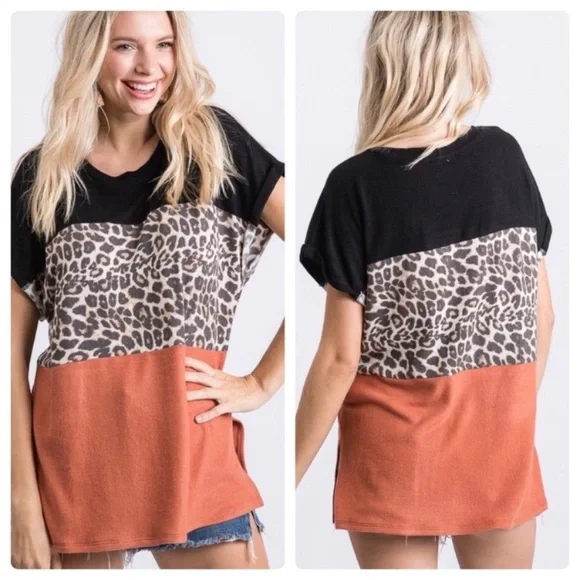 Leopard Print Color Block Short Sleeve Top - Picture 1 of 2